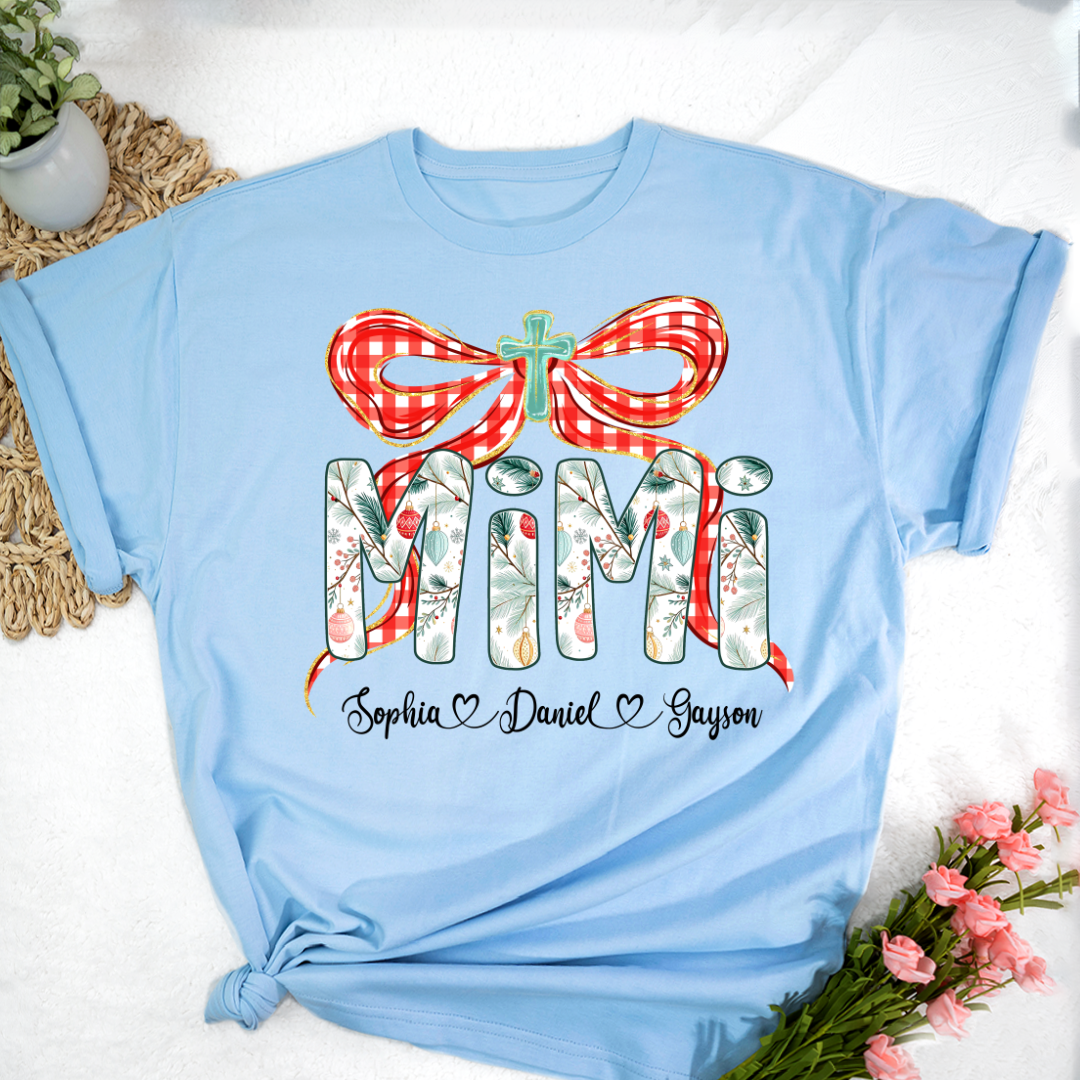 Mimi Christmas Bow, Personalized Mimi and Grankids Shirt