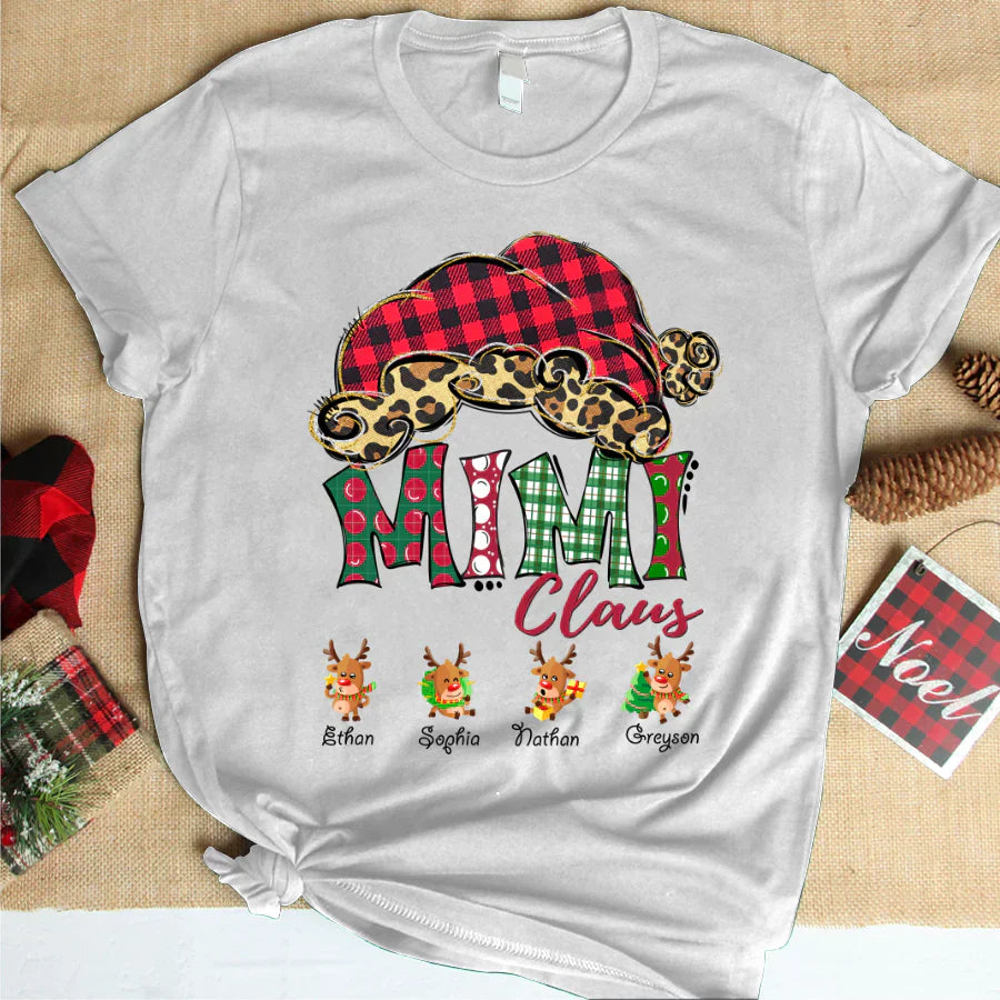 Mimi Claus With Grandkids Names Christmas Reindeer T-Shirt