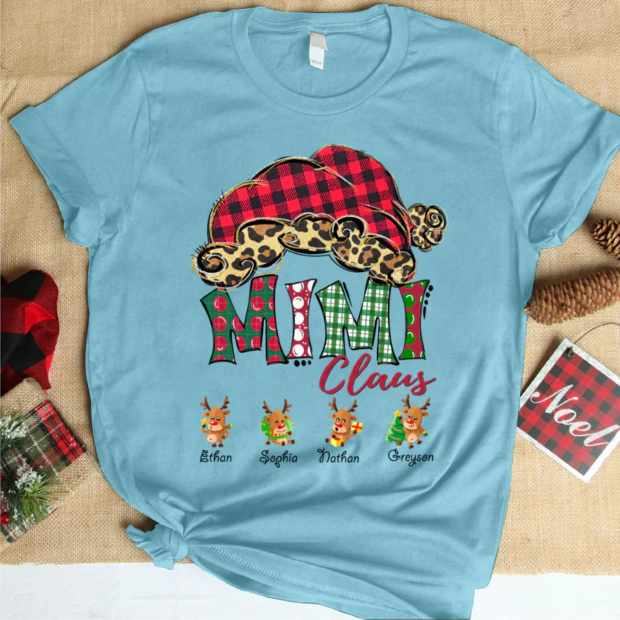Mimi Claus With Grandkids Names Christmas Reindeer T-Shirt