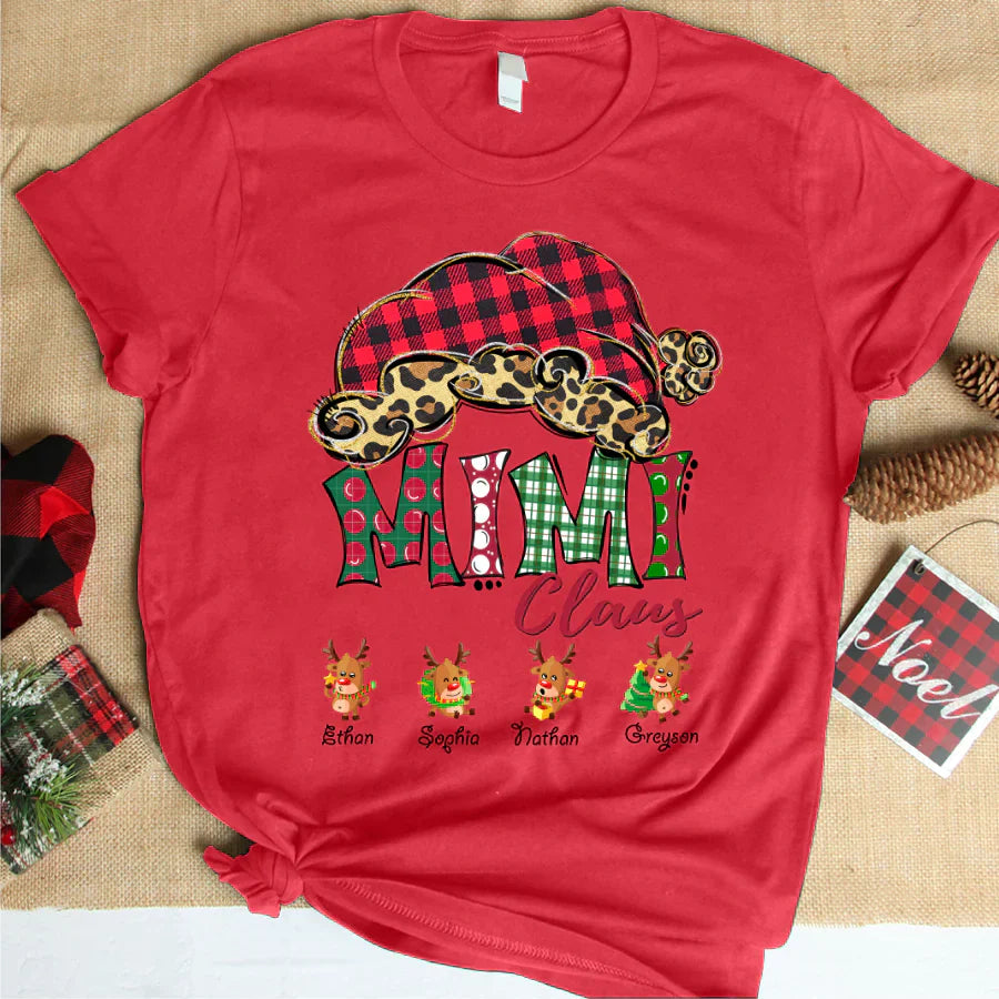 Mimi Claus With Grandkids Names Christmas Reindeer T-Shirt