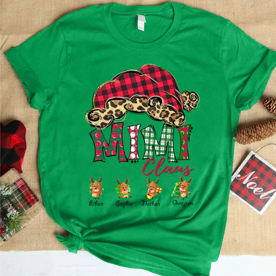 Mimi Claus With Grandkids Names Christmas Reindeer T-Shirt