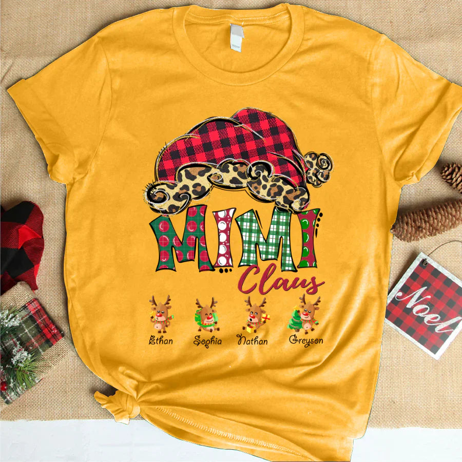 Mimi Claus With Grandkids Names Christmas Reindeer T-Shirt