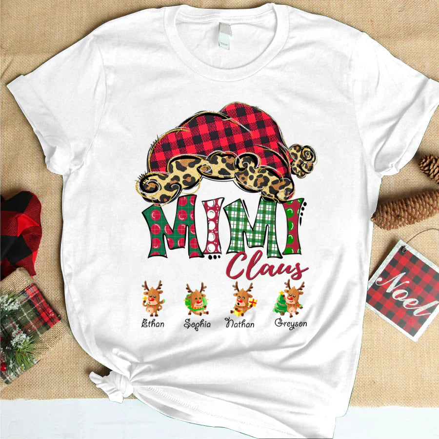 Mimi Claus With Grandkids Names Christmas Reindeer T-Shirt