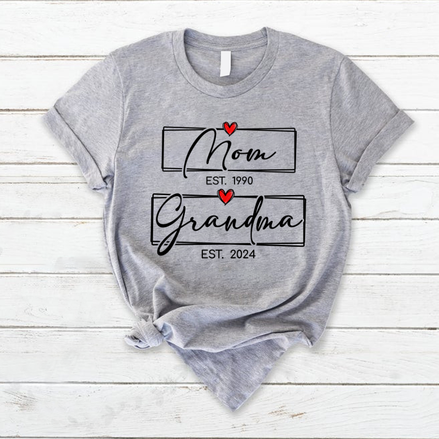 Mom Est Grandma Est Custom Heart Grandma Shirt, Mom Grandma  T-Shirt