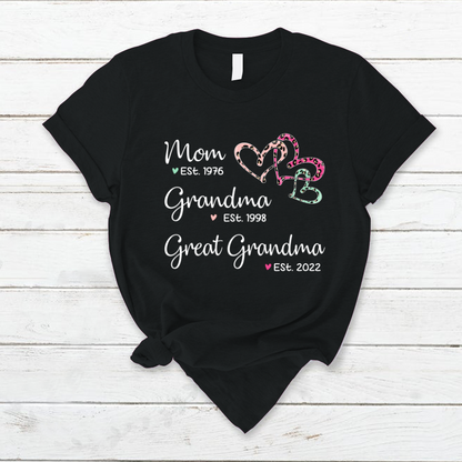 Mom Est Grandma Est Great Grandma Heart Leopard Black T-Shirt