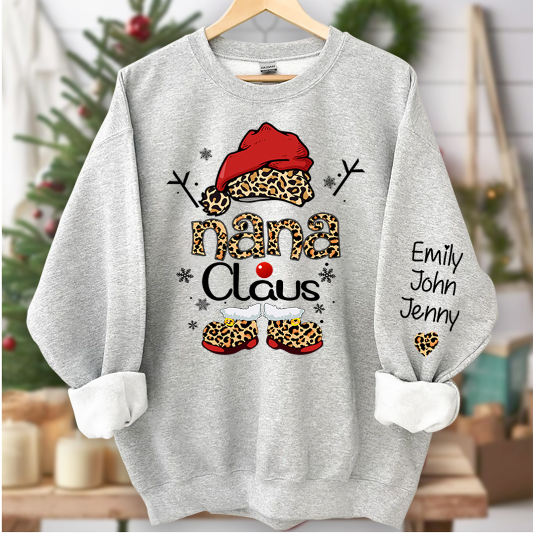 Nana Claus And Grandkids Heart Leopard Christmas Sweatshirt