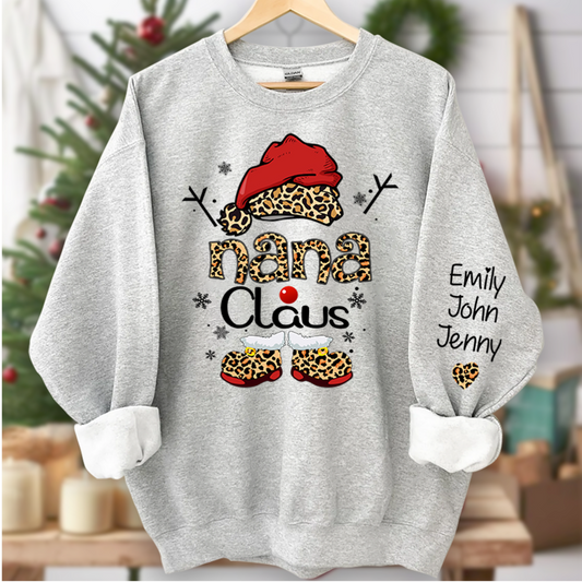 Nana Claus And Grandkids Heart Leopard Christmas Sweatshirt