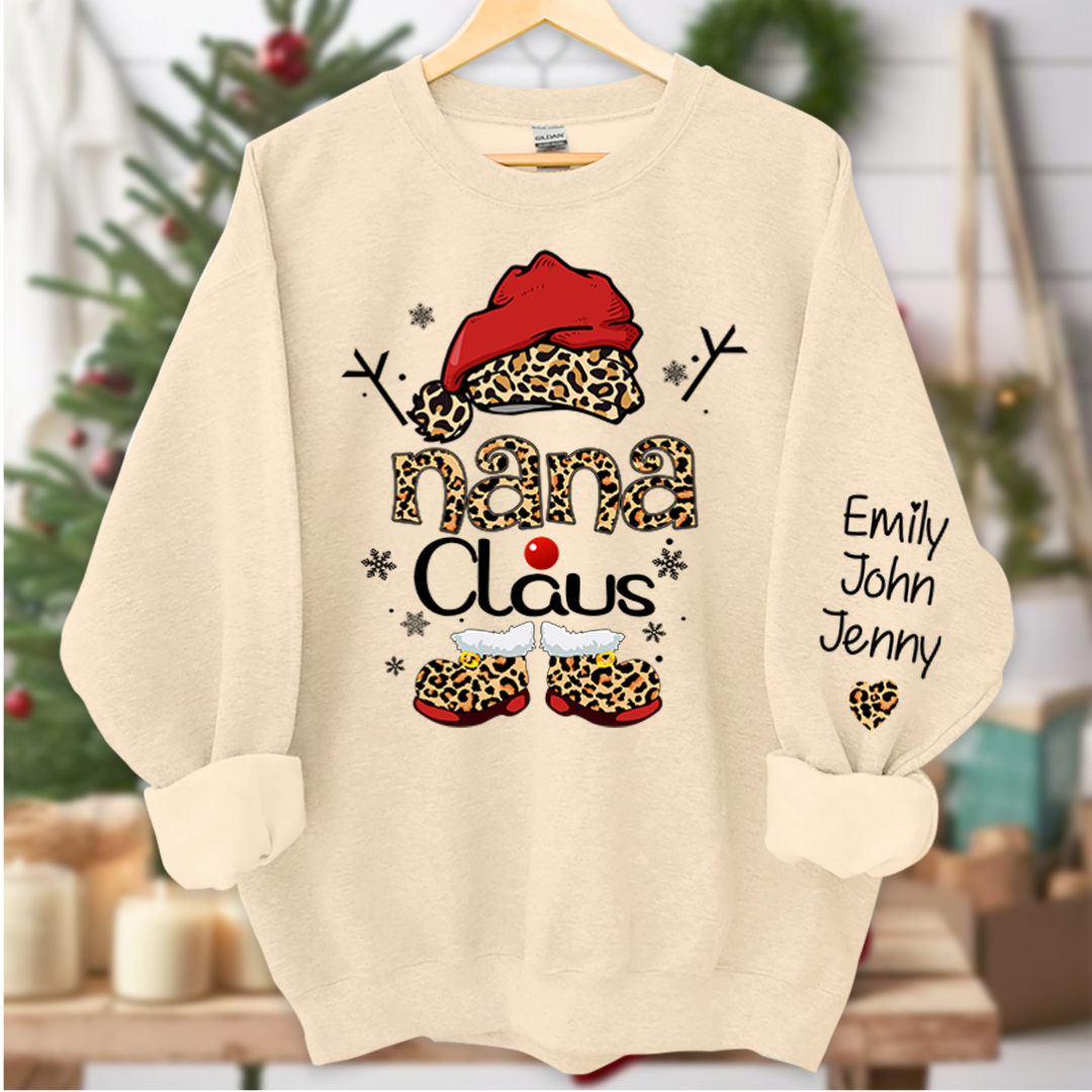 Nana Claus And Grandkids Heart Leopard Christmas Sweatshirt