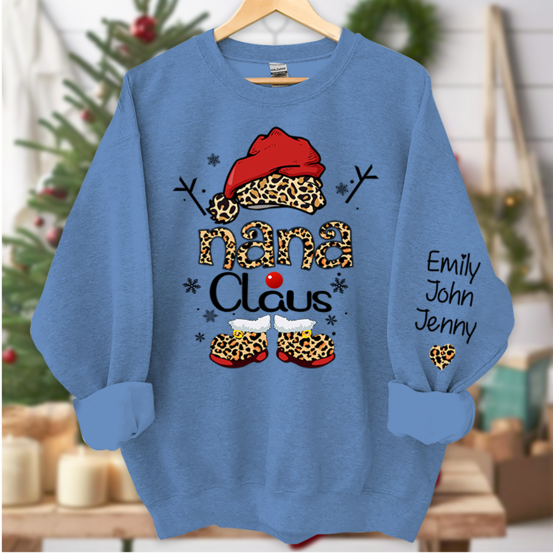 Nana Claus And Grandkids Heart Leopard Christmas Sweatshirt