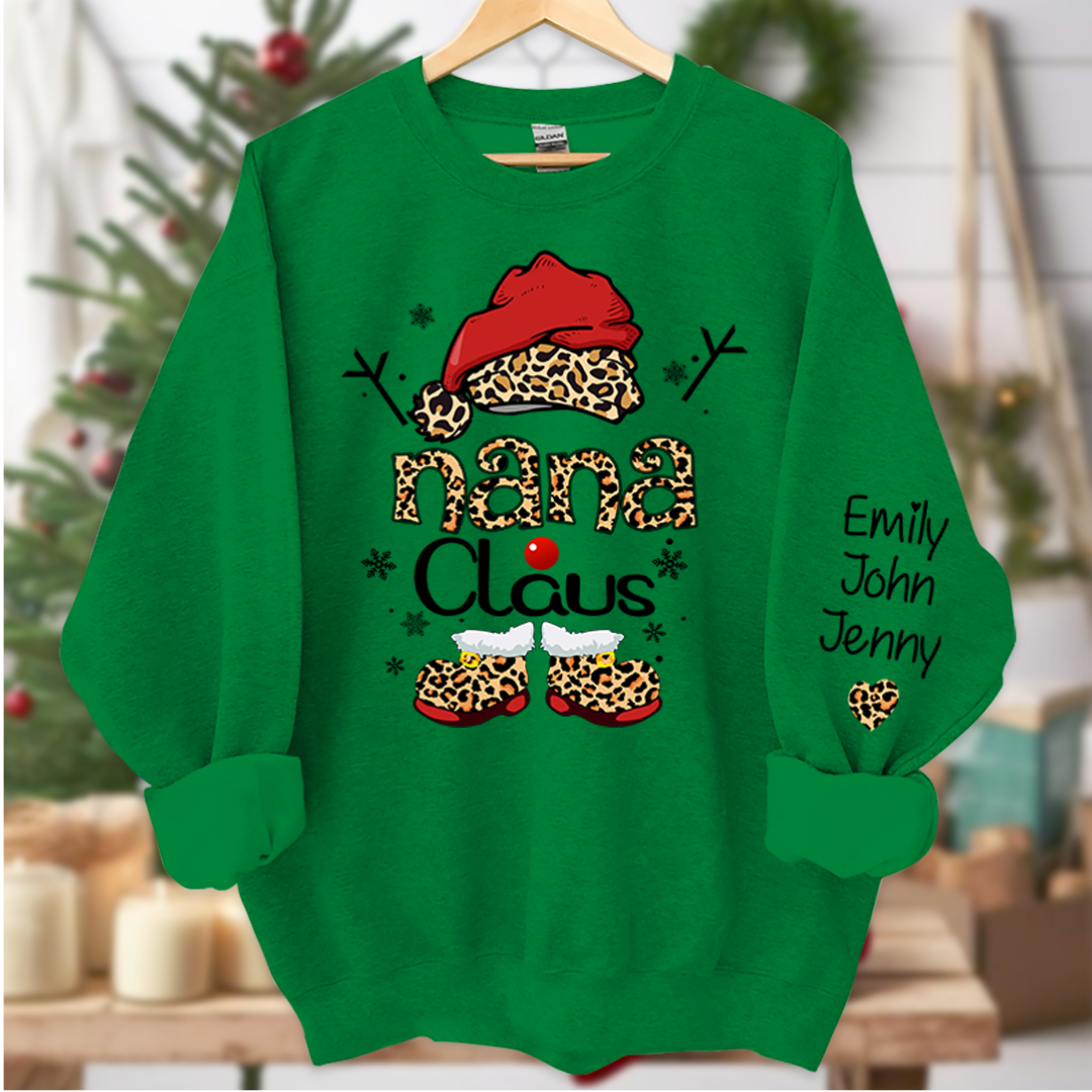 Nana Claus And Grandkids Heart Leopard Christmas Sweatshirt