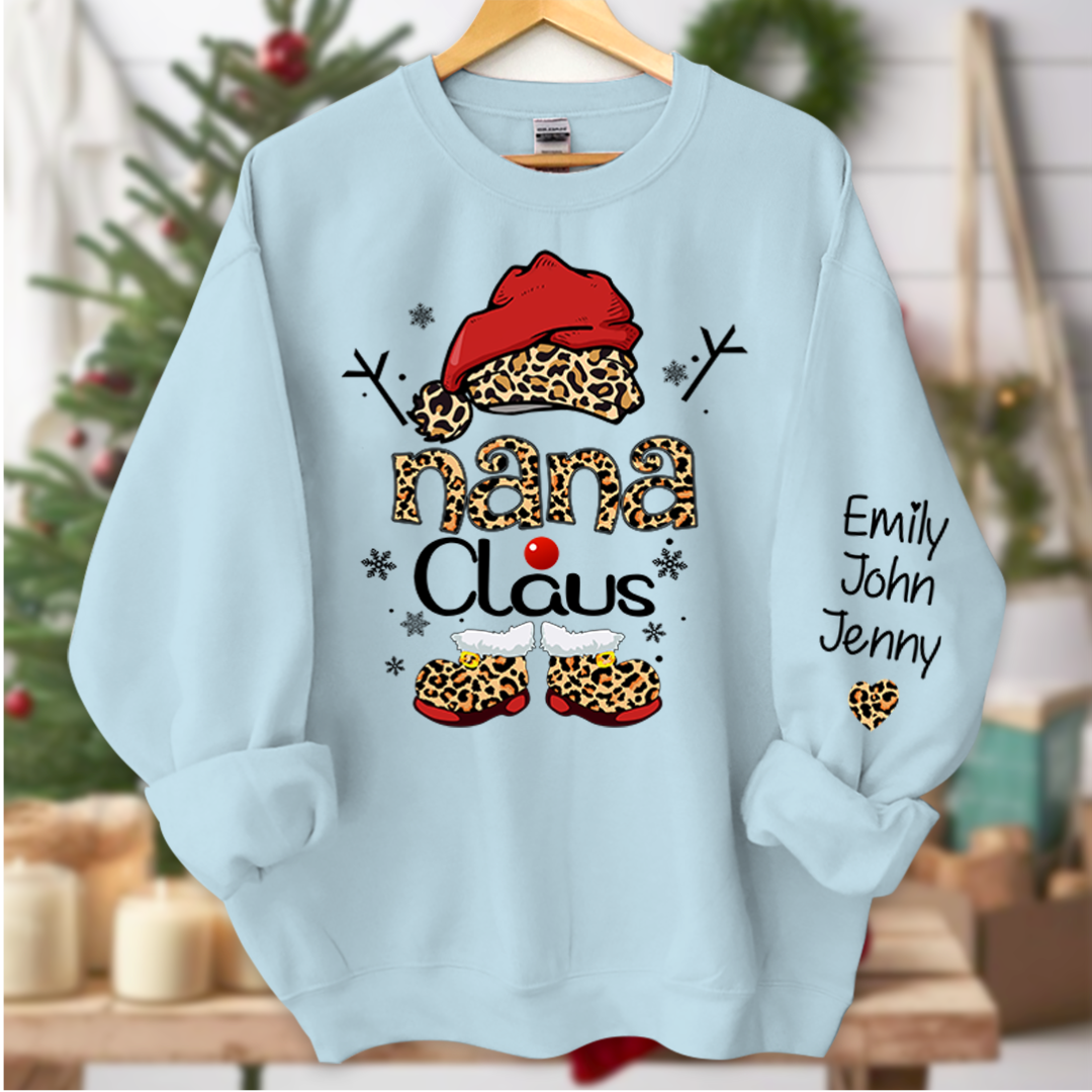 Nana Claus And Grandkids Heart Leopard Christmas Sweatshirt