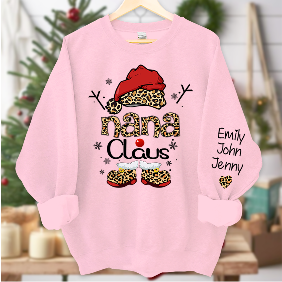 Nana Claus And Grandkids Heart Leopard Christmas Sweatshirt