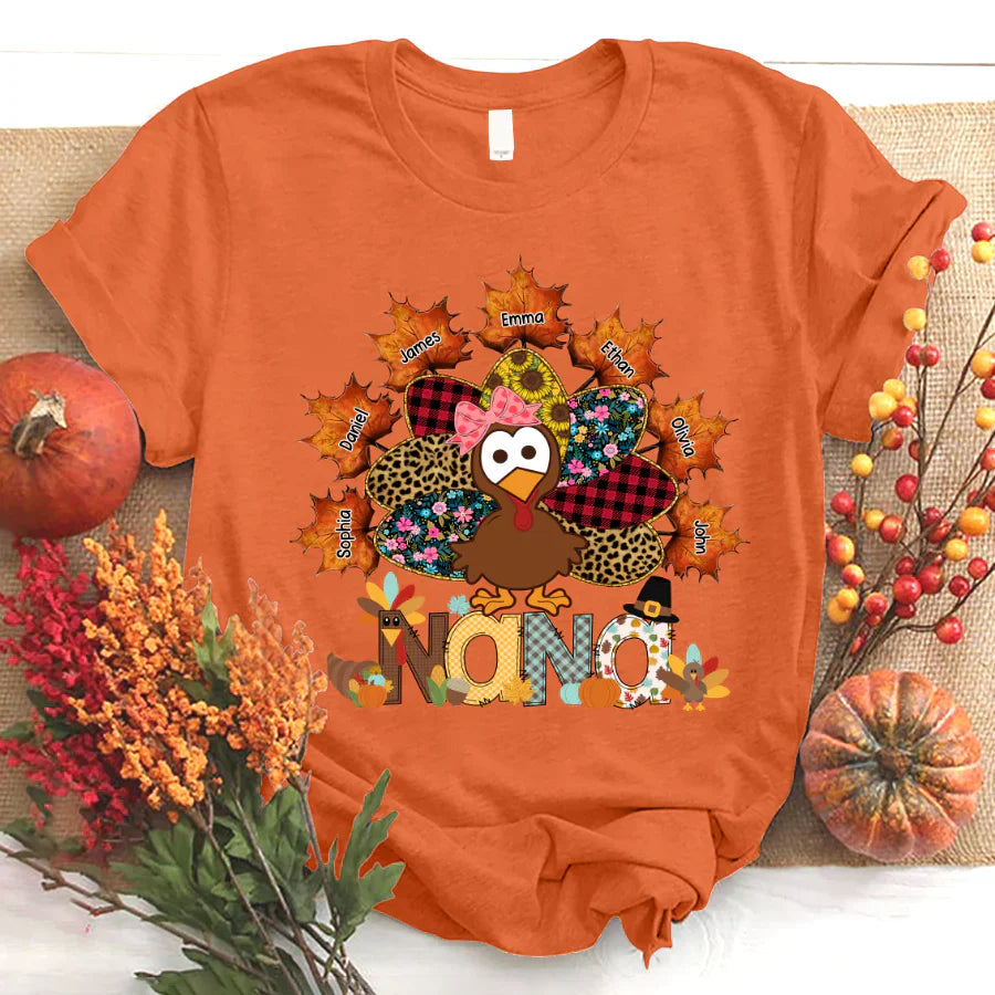 Nana And Grandkids Thanksgiving Autumn Turkey T-Shirt