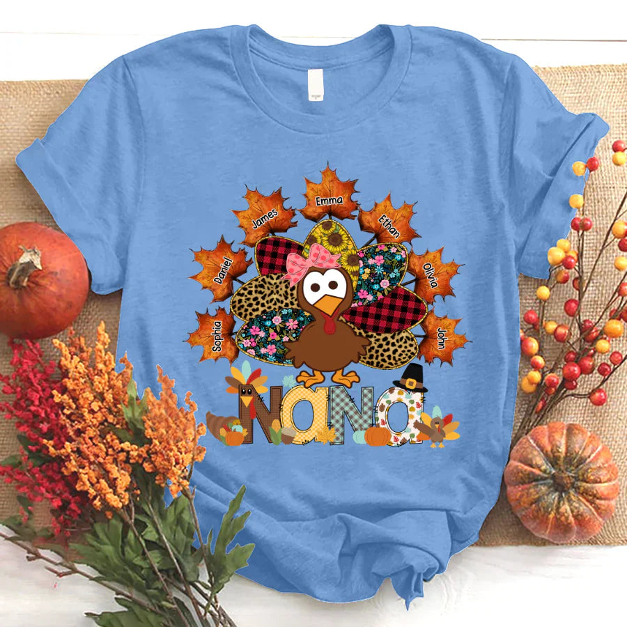 Nana And Grandkids Thanksgiving Autumn Turkey T-Shirt
