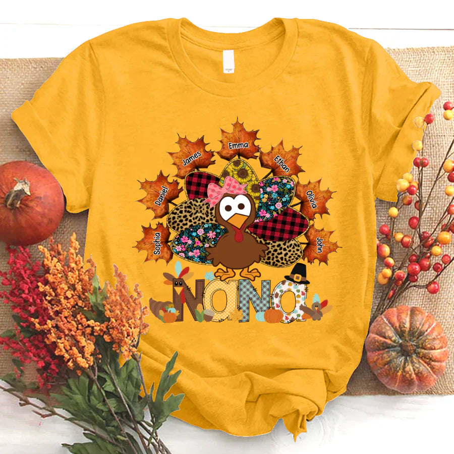 Nana And Grandkids Thanksgiving Autumn Turkey T-Shirt