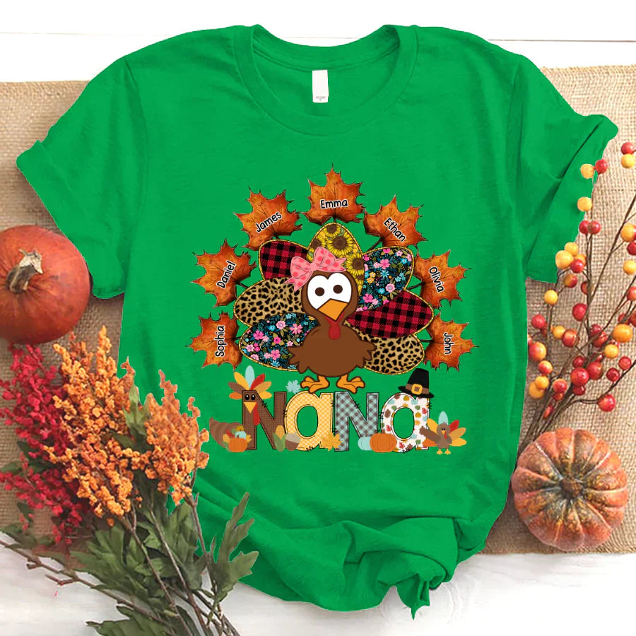 Nana And Grandkids Thanksgiving Autumn Turkey T-Shirt
