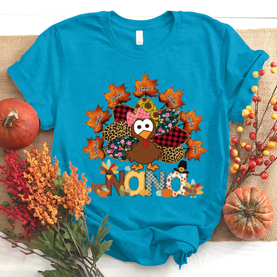 Nana And Grandkids Thanksgiving Autumn Turkey T-Shirt