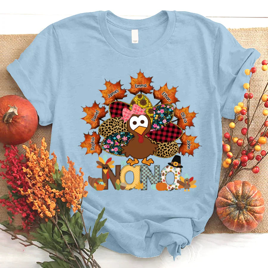 Nana And Grandkids Thanksgiving Autumn Turkey T-Shirt