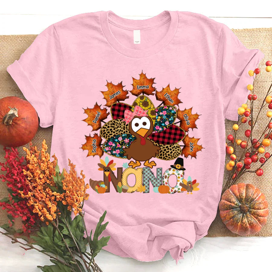 Nana And Grandkids Thanksgiving Autumn Turkey T-Shirt