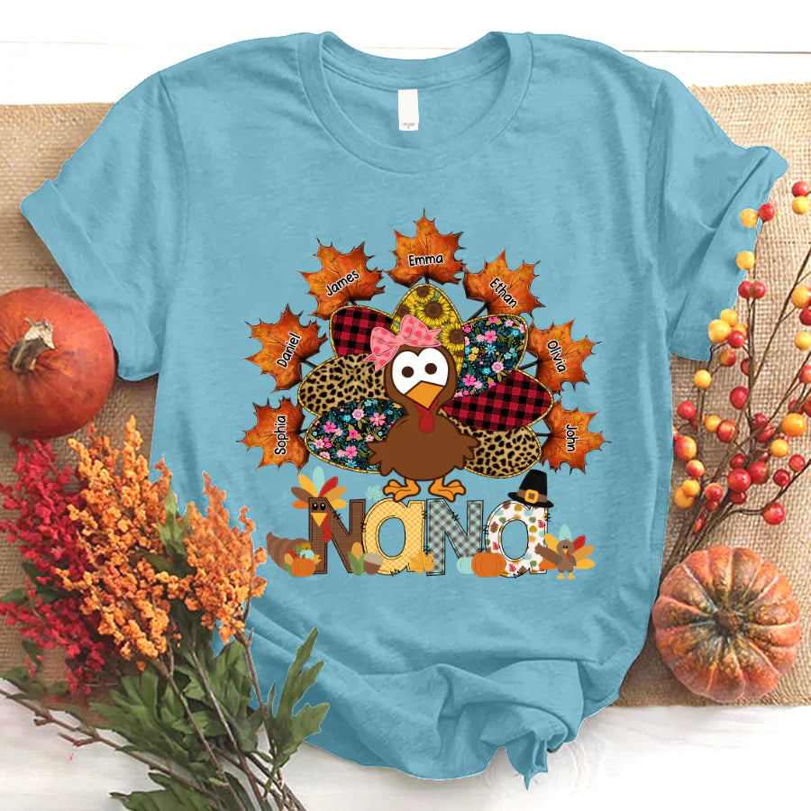 Nana And Grandkids Thanksgiving Autumn Turkey T-Shirt