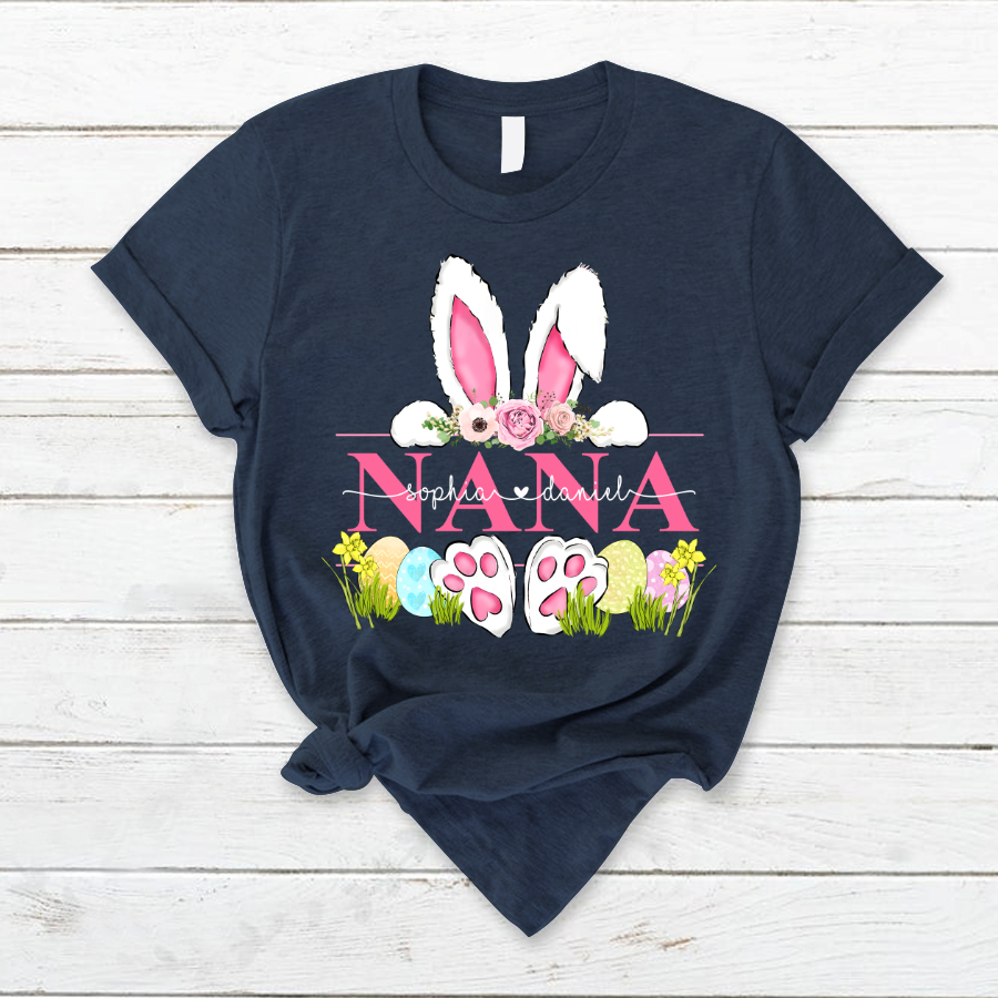 Nana Pink Bunny Easter Days, Custom Grandma With Kid TH T-Shirt