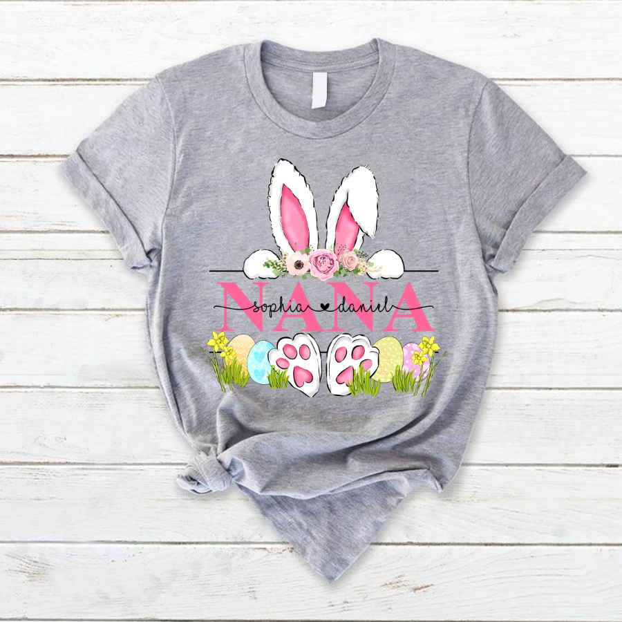 Nana Pink Bunny Easter Days, Custom Grandma With Kid TH T-Shirt