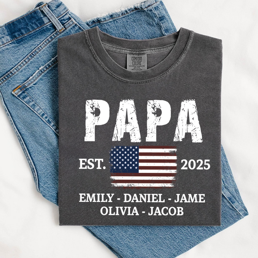 Papa America Papa and Grandkids Est Father's Day Shirt
