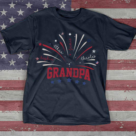 Peronalized Firework America Flag Grandpa And Kids T-Shirt, Custom 4th Of July Shirt, Father's Day Shirt