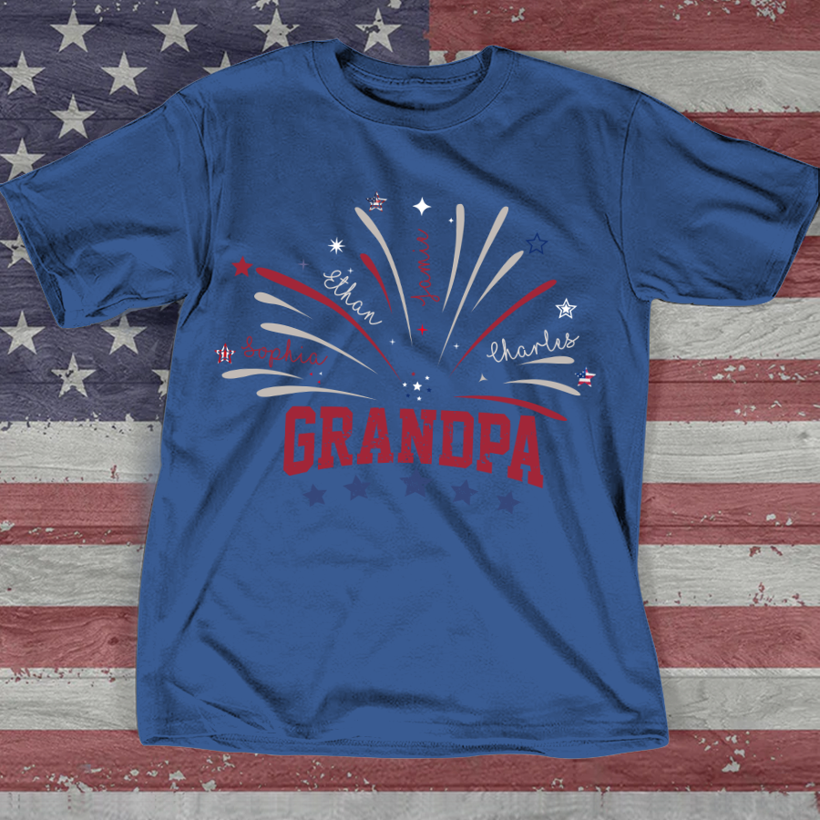 Peronalized Firework America Flag Grandpa And Kids T-Shirt, Custom 4th Of July Shirt, Father's Day Shirt