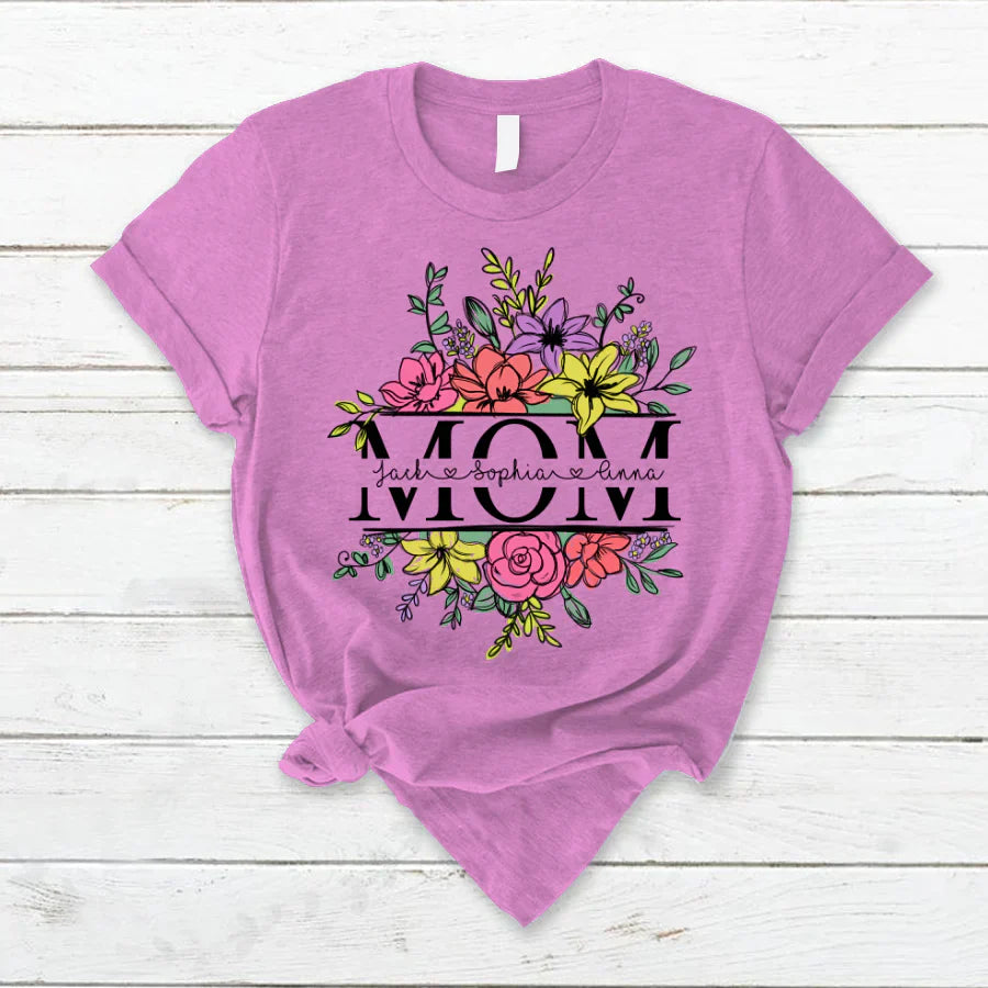 Personalize Mom And Kids Flowers Watercolor T-Shirt
