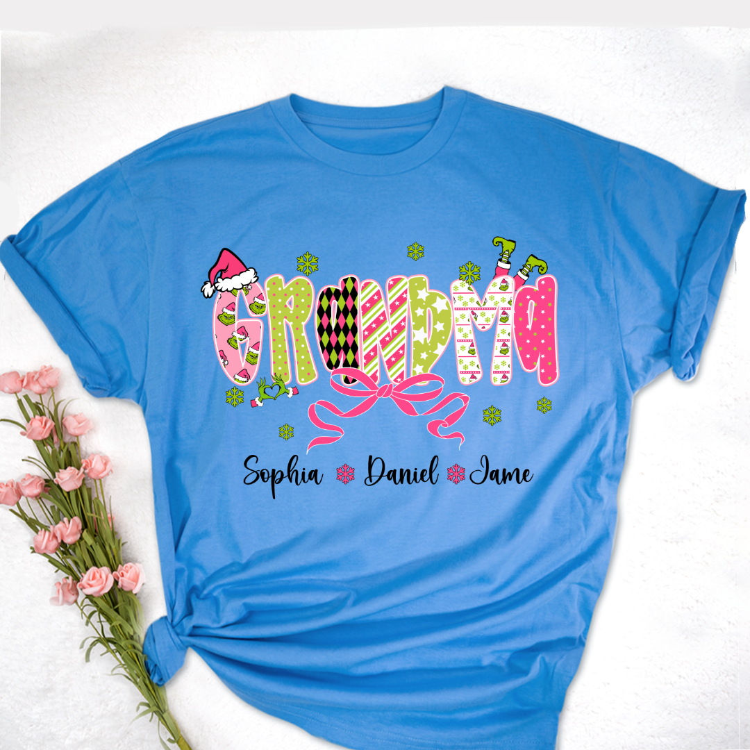 Personalized Christmas Grandma and Grankids Pink Snow Shirt