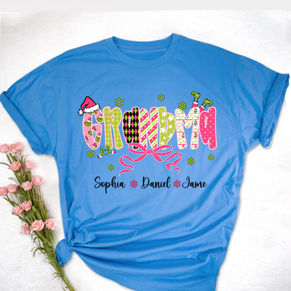 Personalized Christmas Grandma and Grankids Pink Snow Shirt