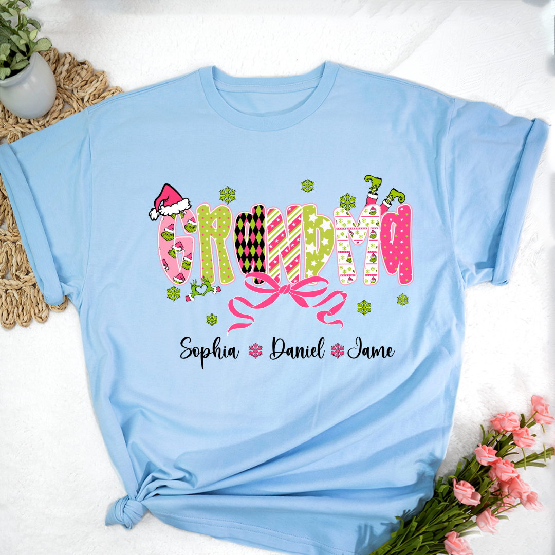 Personalized Christmas Grandma and Grankids Pink Snow Shirt