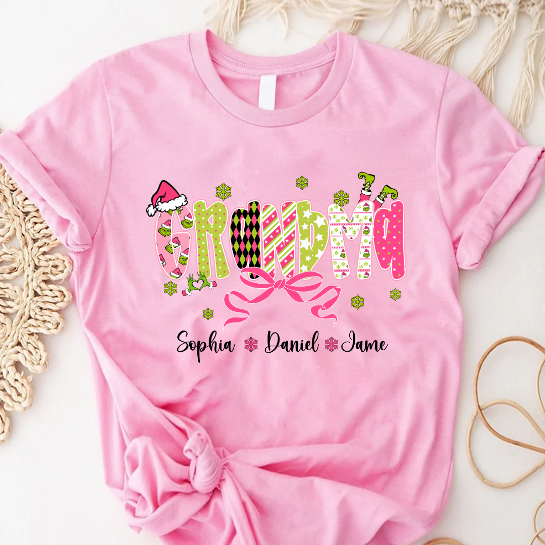 Personalized Christmas Grandma and Grankids Pink Snow Shirt