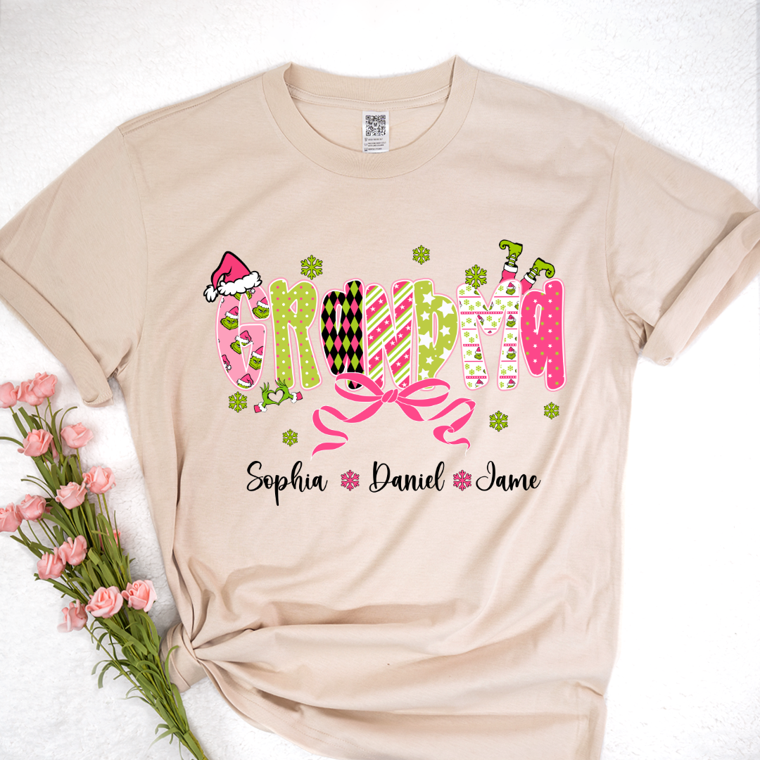 Personalized Christmas Grandma and Grankids Pink Snow Shirt