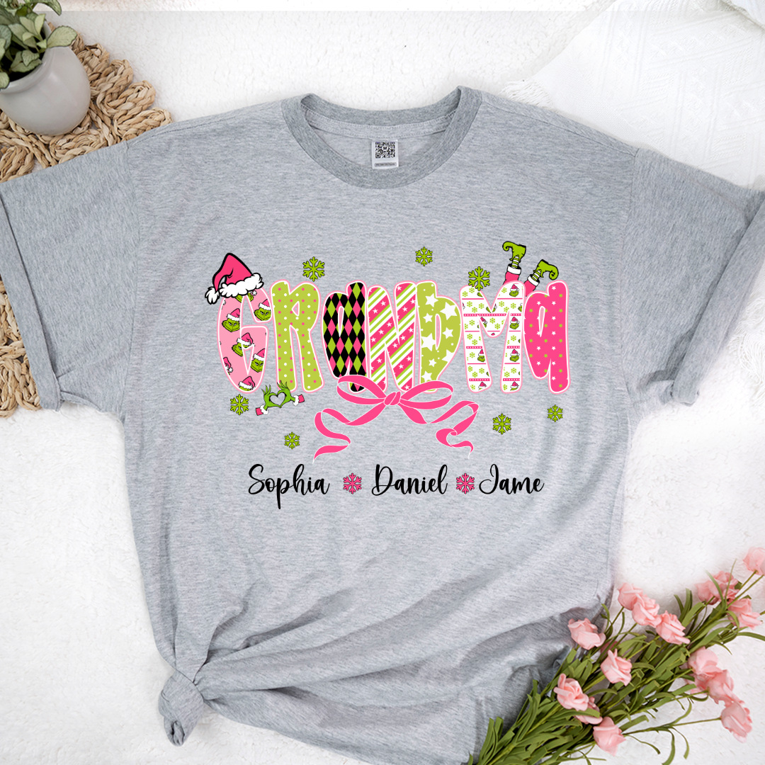 Personalized Christmas Grandma and Grankids Pink Snow Shirt