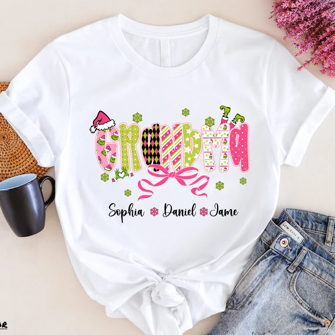 Personalized Christmas Grandma and Grankids Pink Snow Shirt
