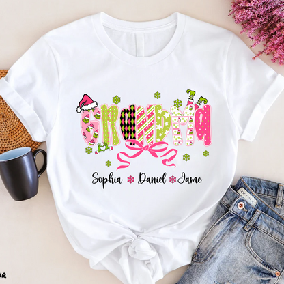 Personalized Christmas Grandma and Grankids Pink Snow Shirt