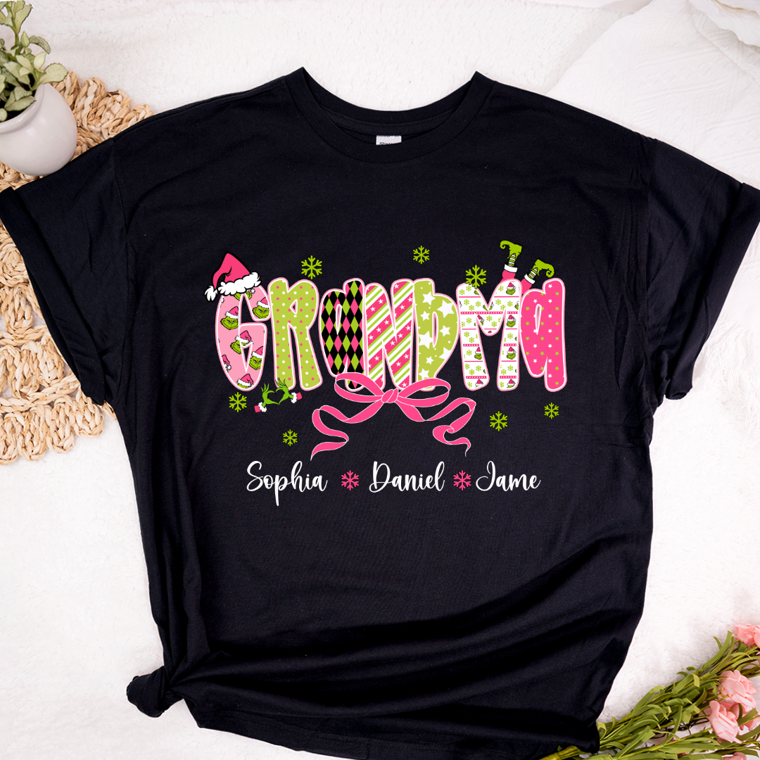 Personalized Christmas Grandma and Grankids Pink Snow Shirt