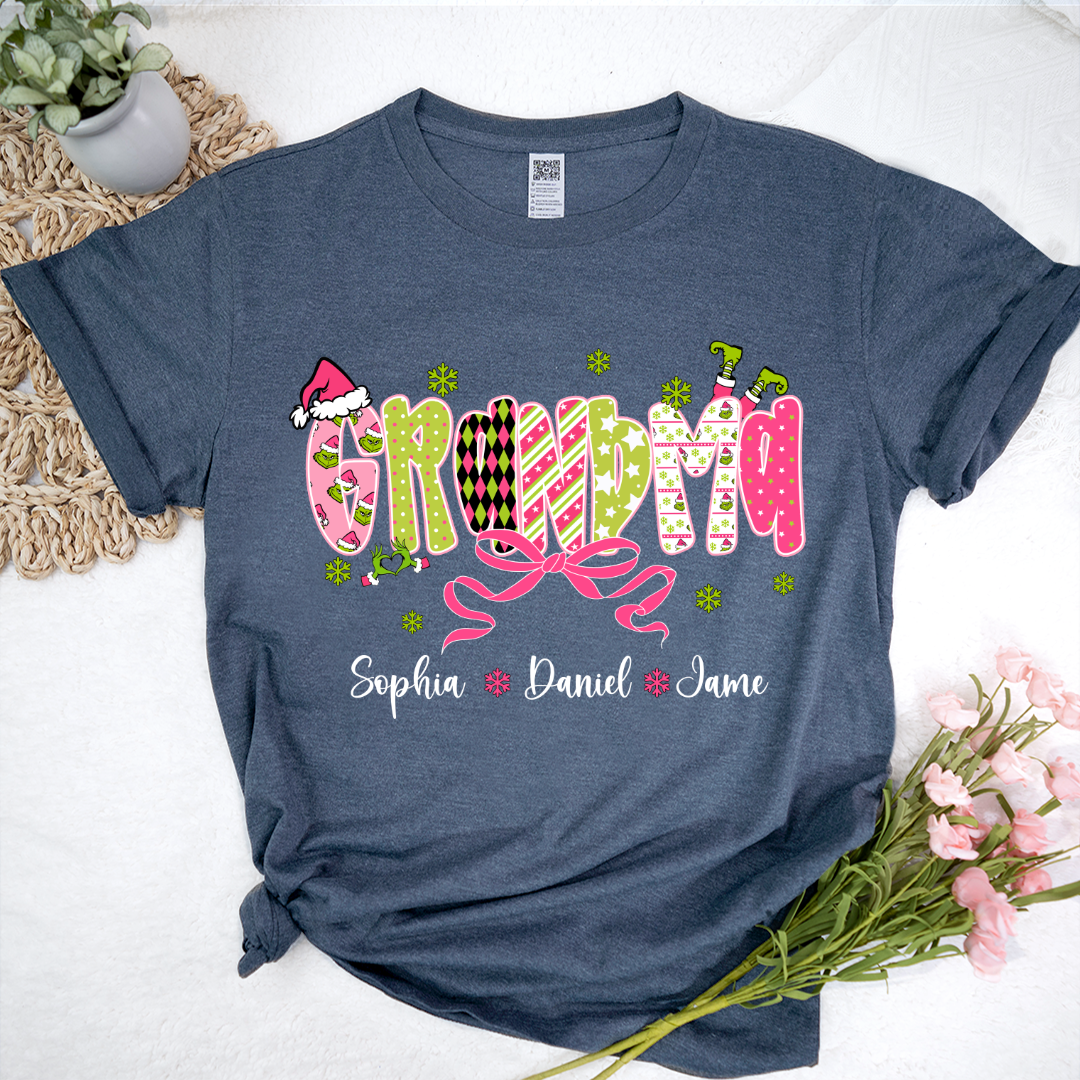 Personalized Christmas Grandma and Grankids Pink Snow Shirt
