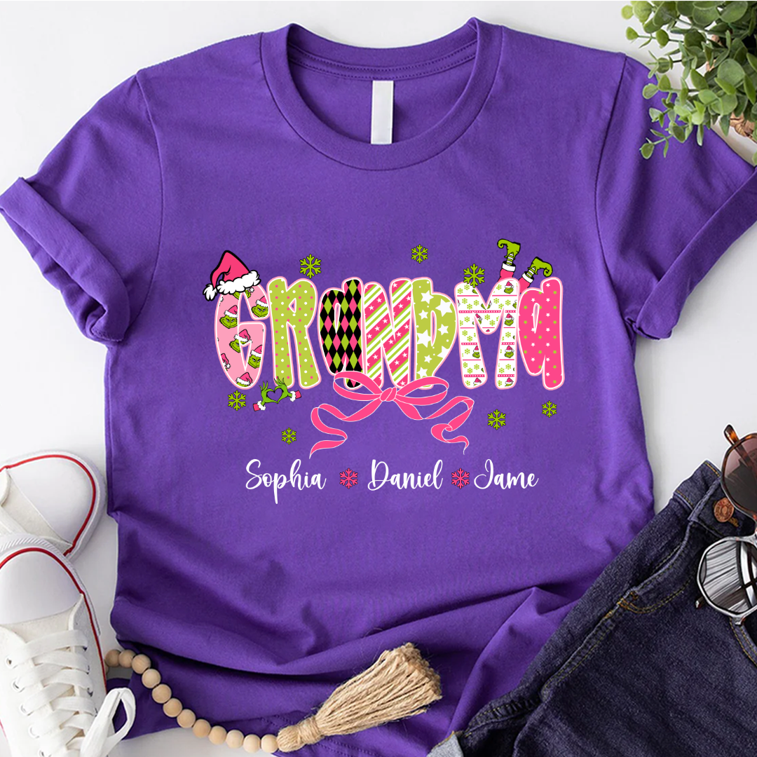 Personalized Christmas Grandma and Grankids Pink Snow Shirt