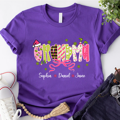 Personalized Christmas Grandma and Grankids Pink Snow Shirt