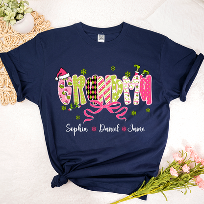 Personalized Christmas Grandma and Grankids Pink Snow Shirt