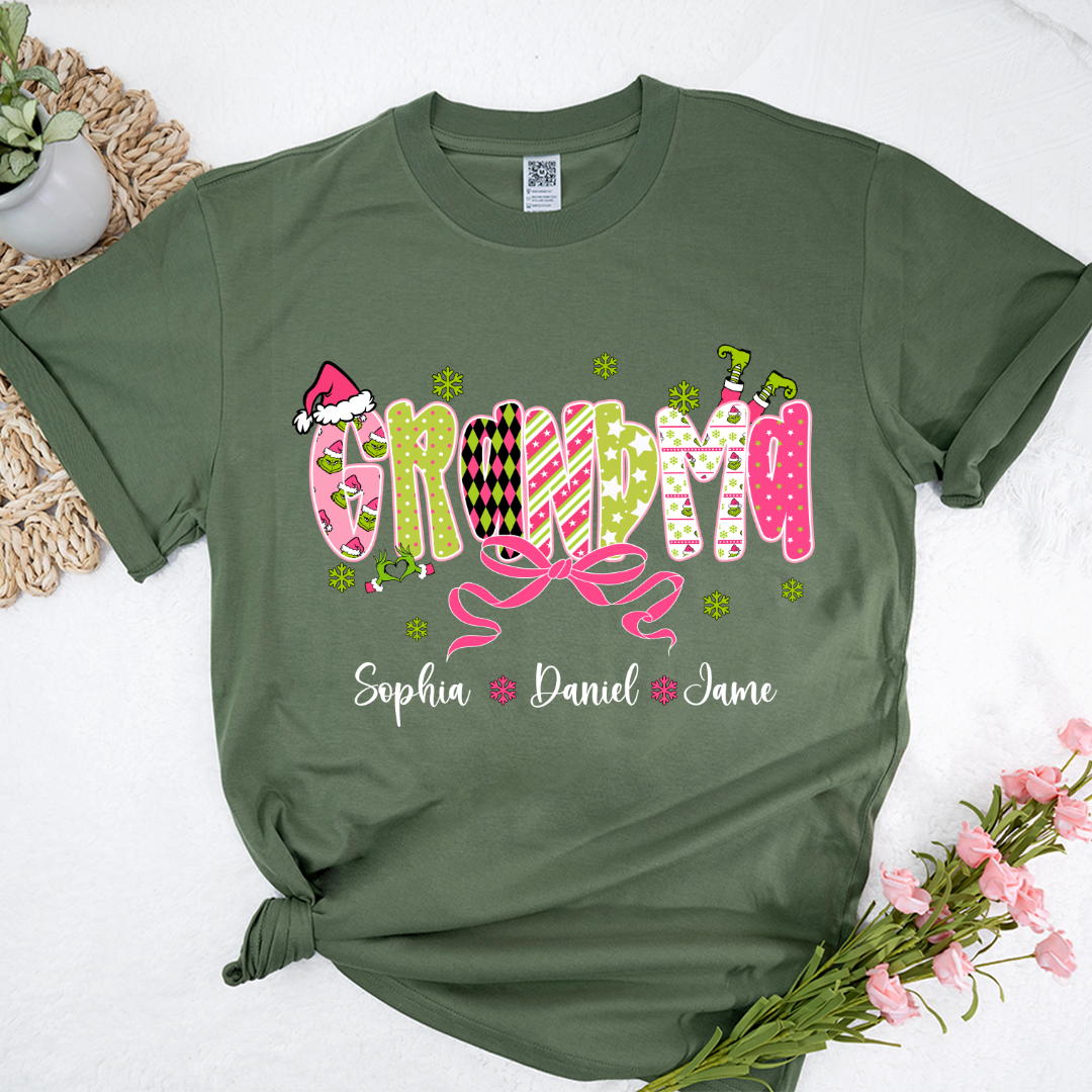 Personalized Christmas Grandma and Grankids Pink Snow Shirt