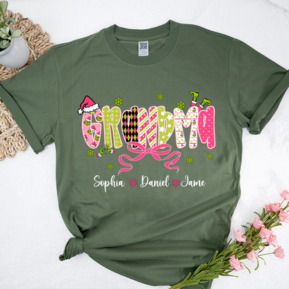 Personalized Christmas Grandma and Grankids Pink Snow Shirt