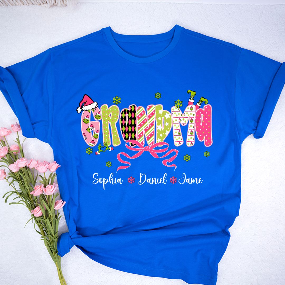 Personalized Christmas Grandma and Grankids Pink Snow Shirt