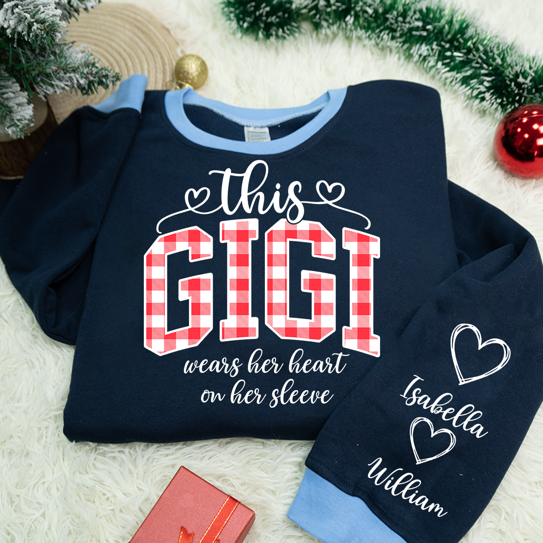 Personalized Christmas Nana Mimi Gigi Grandma And Grandkids with Heart On Sleeve Shirt