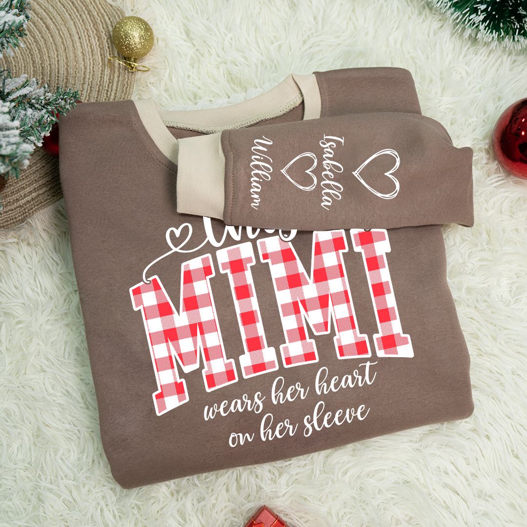 Personalized Christmas Nana Mimi Gigi Grandma And Grandkids with Heart On Sleeve Shirt