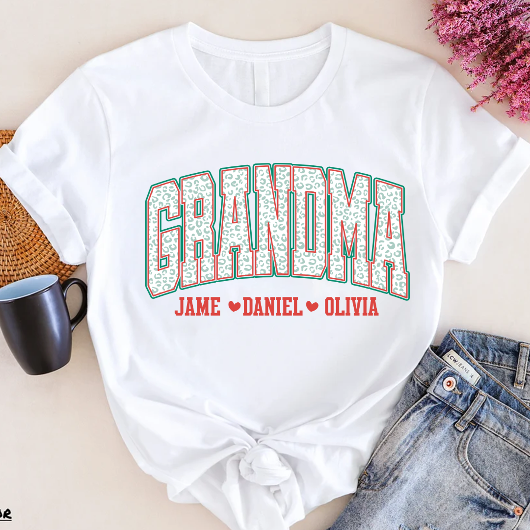 Personalized Grandma and Grandkids Leopard Christmas Gift Shirt