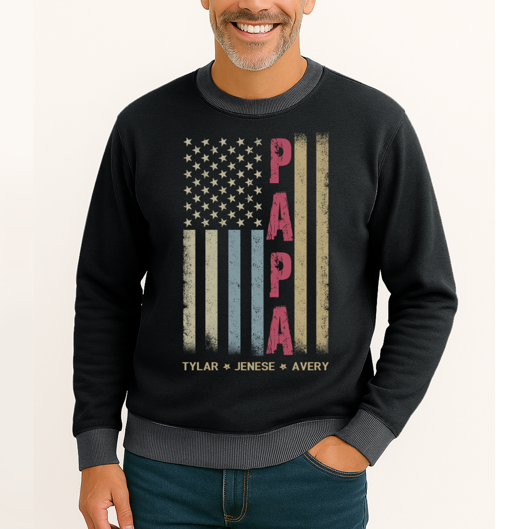 Personalized Grandpa Shirt, Papa Shirt, American flag - Papa With Grandkid Names Saloogoe Sweatshirt